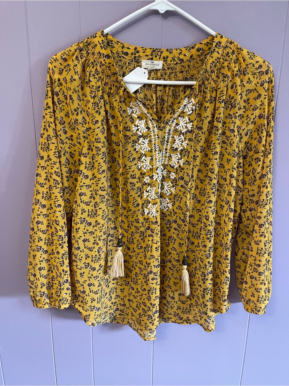 Mason and Belle Women’s Mustard Yellow Floral Embroidered Peasant Blouse